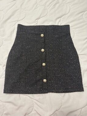 High-Waist Black Tweed Mini Skirt with Pearl Buttons